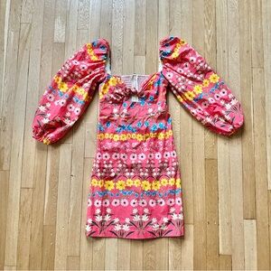 Cara Cara | tropical floral dress with puffed sleeves and twist tie front